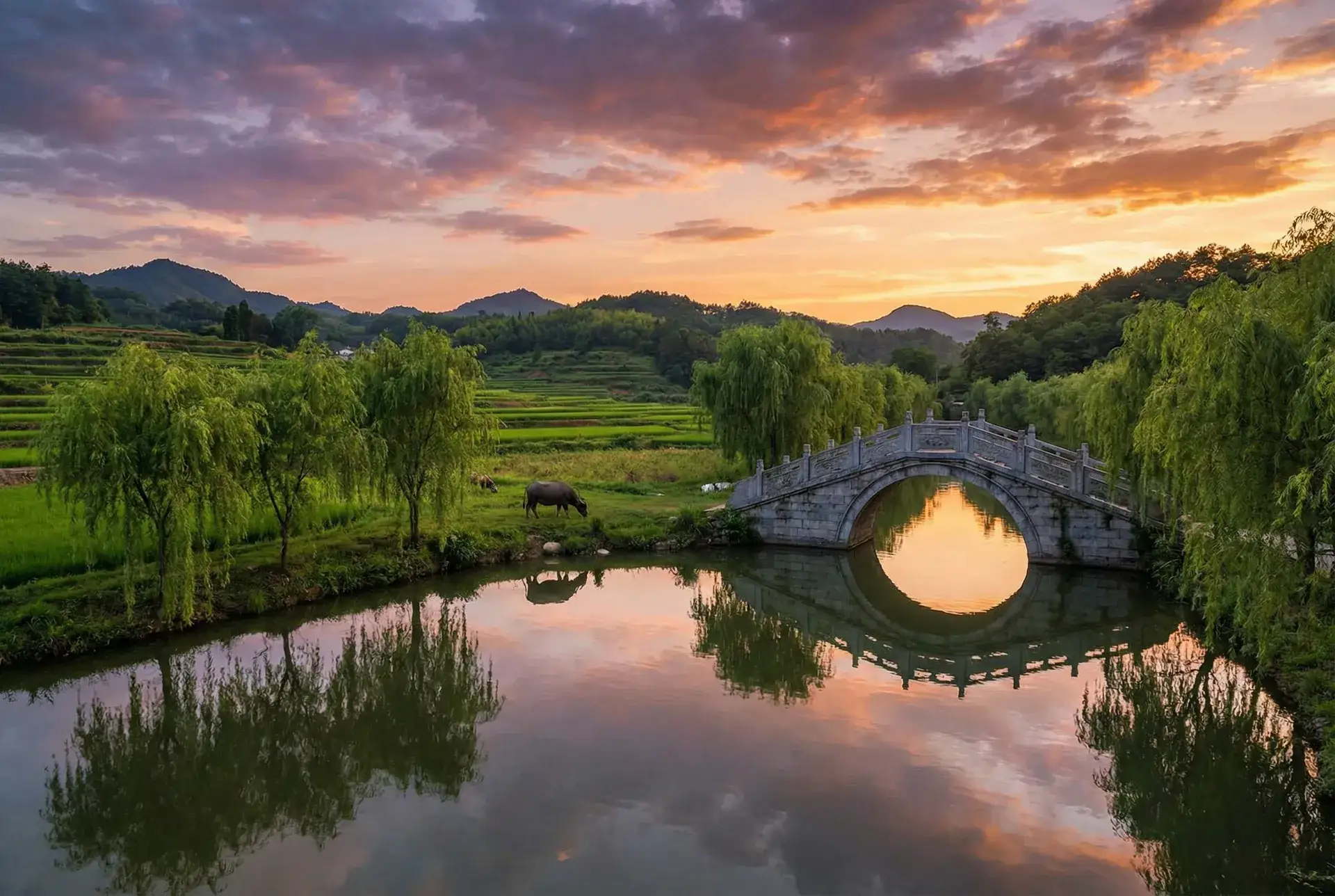 夕阳下的石拱桥与垂柳，水牛在河边吃草 - 曝熊黛林闪嫁豪门 乡村美景
